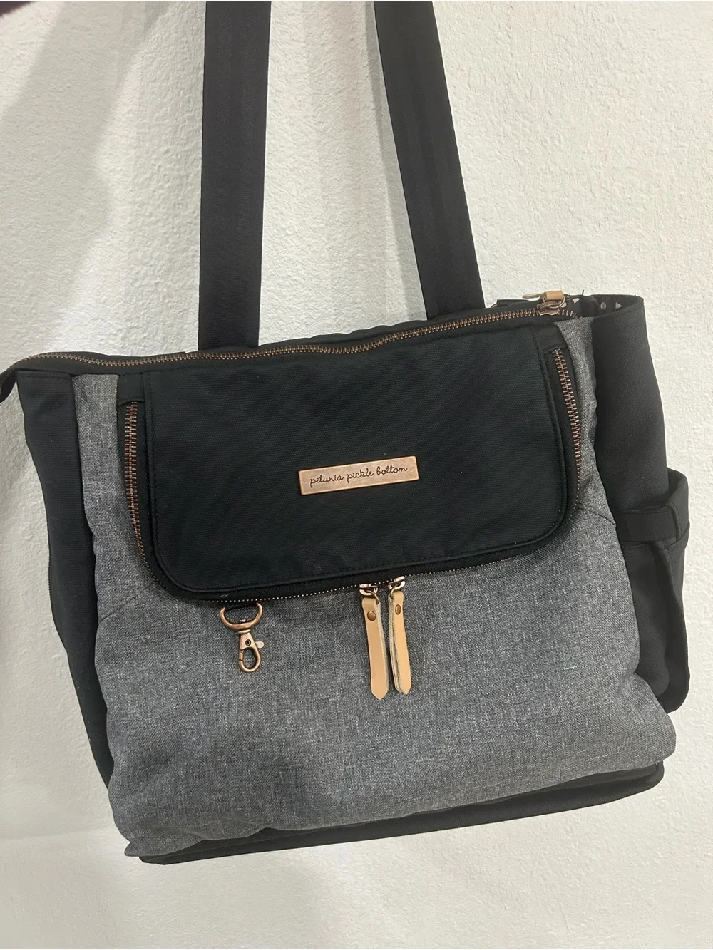 Petunia Pickle Bottom Black and Gray Convertible Tote with Rose Gold Accents